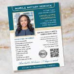 Prospectus 11,4 Cm X 14,2 Cm Service Notaire Mobile Design Photo Gold Turquoise<br><div class="desc">Attirer plus de clients avec ces tracts d'affaires Notaire Public classiques. Un modèle élégant personnalisé avec votre photo, nom, détails, code QR et un logo ou symbole d'accréditation. Les dépliants d'affaires sont un moyen efficace de promouvoir votre entreprise et de faire de la publicité pour vos services notariaux. Un moyen...</div>