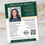 Prospectus 11,4 Cm X 14,2 Cm Service Notaire mobile élégant Photo Green Gold<br><div class="desc">Attirer plus de clients avec ces tracts d'affaires Notaire Public classiques. Un modèle élégant personnalisé avec votre photo, nom, détails, code QR et un logo ou symbole d'accréditation. Les dépliants d'affaires sont un moyen efficace de promouvoir votre entreprise et de faire de la publicité pour vos services notariaux. Un moyen...</div>