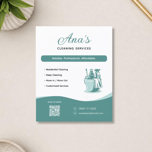 Prospectus 11,4 Cm X 14,2 Cm Services de nettoyage Code QR sarcelle (Cleaning Services Housekeeping Teal QR Code Flyer)