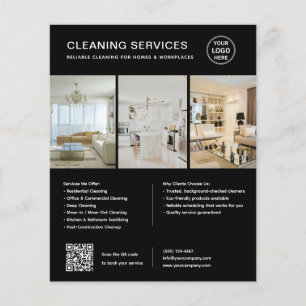 Prospectus 11,4 Cm X 14,2 Cm Services de nettoyage noir modernes QR Entreprise
