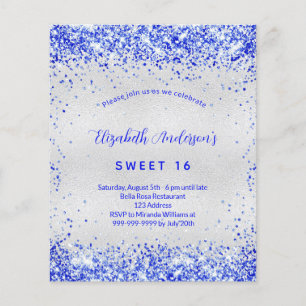 Prospectus 11,4 Cm X 14,2 Cm Sweet 16 argent royal bleu budget invitation
