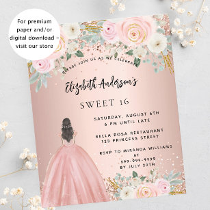 Prospectus 11,4 Cm X 14,2 Cm Sweet 16 fleurs d'or roses robe budget invitation