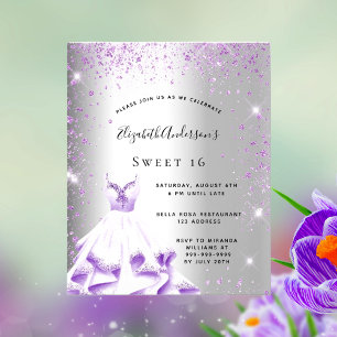 Prospectus 11,4 Cm X 14,2 Cm Sweet 16 robe violet argent invitation budget