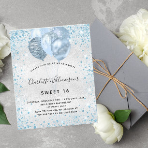 Prospectus 11,4 Cm X 14,2 Cm Sweet 16 silver blue glitter budget invitation