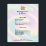 Prospectus 11,4 Cm X 14,2 Cm Technicien Nail Mani Salon Holographe Girl Moderne<br><div class="desc">Posez vos ongles en affaires avec cette liste de prix holographique girly moderne et tendance pour votre salon de beauté. Arrière - plan holographique avec main avec ongles</div>
