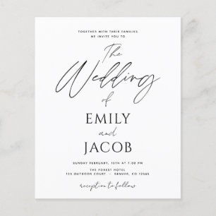 Prospectus 11,4 Cm X 14,2 Cm Typographie de script noir blanc du Mariage budgét