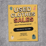 Prospectus 11,4 Cm X 14,2 Cm Vintage-Style - Used Clothes Sales<br><div class="desc">A vintage-style advertising flyer promoting a used clothing sale featuring bold retro typography on a worn yellow background,  graphic elements and illustrated clothing items like floral dress,  shirts,  hangers and jacket in muted pastel colors.</div>
