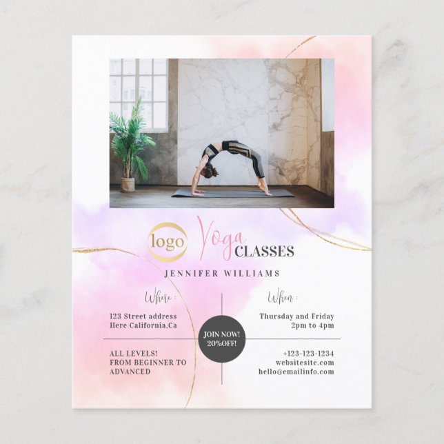 Prospectus 11,4 Cm X 14,2 Cm Yoga Classes Photo Logo Aquarelle Rose Gold Chic (Devant)