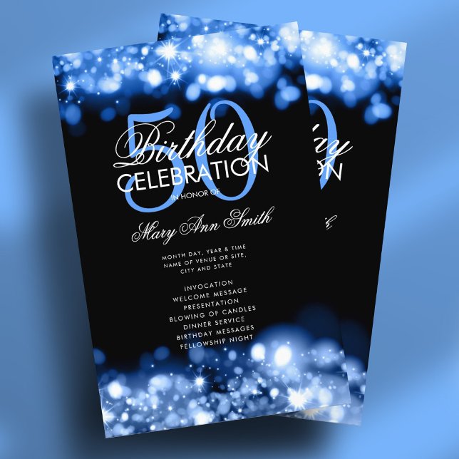 Prospectus 14 Cm X 21,6 Cm 50e anniversaire Programme Glam Lights Marine Blue (50th Birthday Program Glam Lights Navy Blue Menu Flyer)