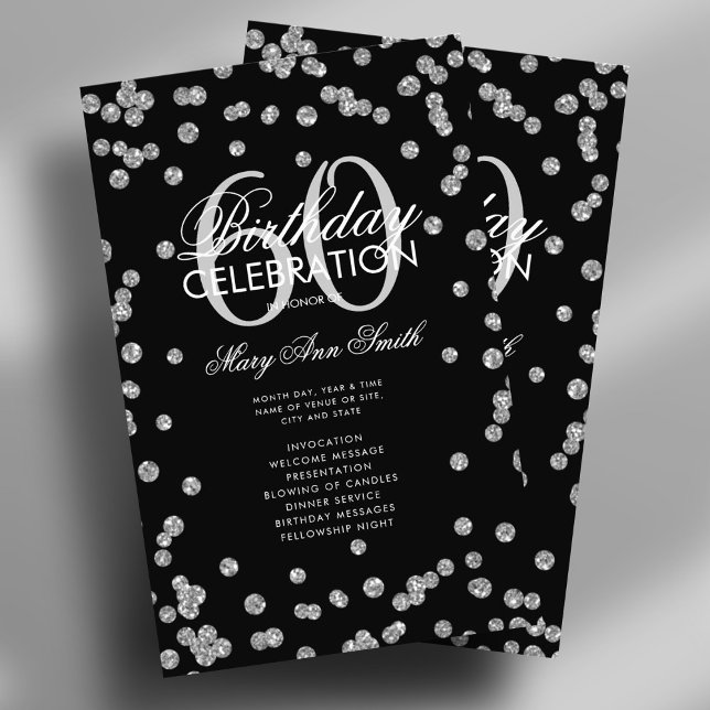 Prospectus 14 Cm X 21,6 Cm 60e fête d'anniversaire Parties scintillant d'arge (60th Birthday Party Program Silver Glitter w/ Menu Flyer)
