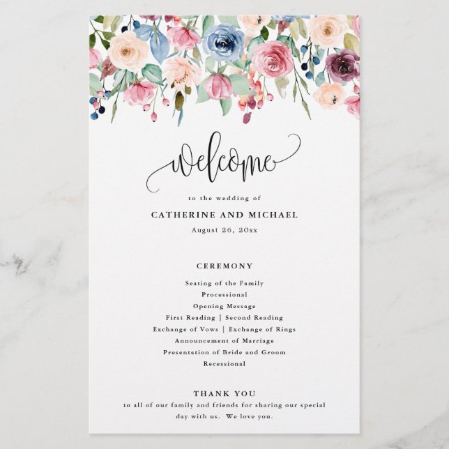 Prospectus 14 Cm X 21,6 Cm Aquarelle Fleur Fleurit Bordure, Programme Papier (Devant)