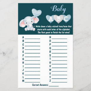 Prospectus 14 Cm X 21,6 Cm Baby Elephant ABC Baby shower Carte de jeu