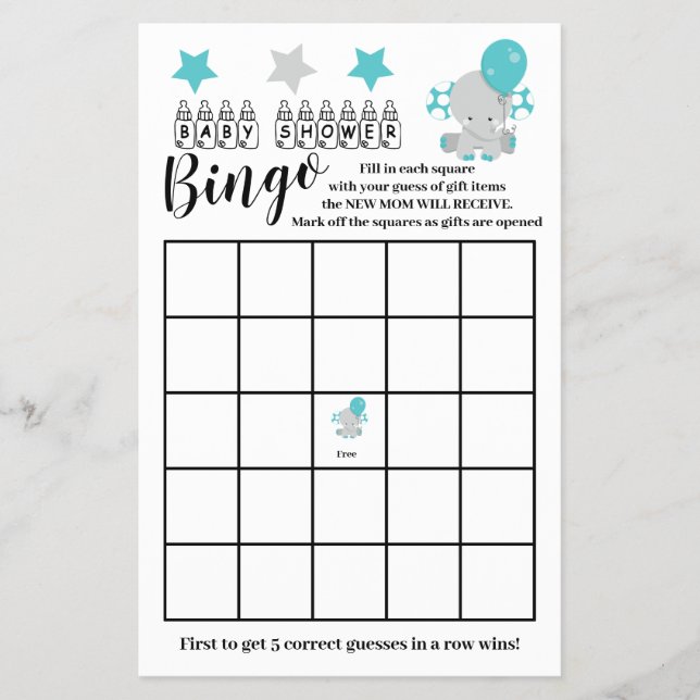 Prospectus 14 Cm X 21,6 Cm Baby shower Bingo Blue Elephant Game Card (Devant)