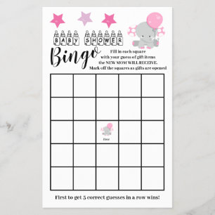 Prospectus 14 Cm X 21,6 Cm Baby shower Bingo Pink Elephant Girl Game Card