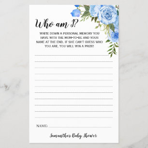 Prospectus 14 Cm X 21,6 Cm Blue Flowers Who am I Baby shower Game Card