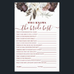 Prospectus 14 Cm X 21,6 Cm Boho Burgundy Roses automne Fête des mariées Jeu<br><div class="desc">Qui connaît la Bride meilleur jeu de douche nuptiale. Boho d'automne design rose bordeaux.</div>