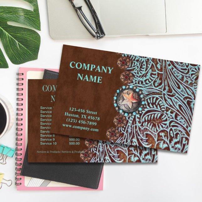Prospectus 14 Cm X 21,6 Cm brun turquoise western pays à outils cuir (turquoise brown western country tooled leather flyer)