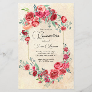 Prospectus 14 Cm X 21,6 Cm Budget Aquarelle Roses Rouges Quinceanera Invitati