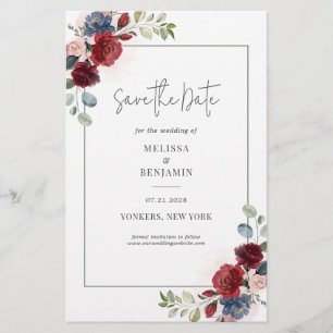 Prospectus 14 Cm X 21,6 Cm Budget Bourgogne Floral Rustic Enregistrer la date