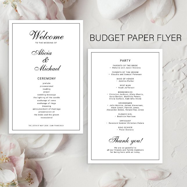 Prospectus 14 Cm X 21,6 Cm Budget elegant simple black white wedding program (Créateur téléchargé)