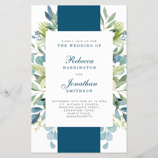 Prospectus 14 Cm X 21,6 Cm Budget Foliage bleu Mariage RSVP Invitation (Devant)