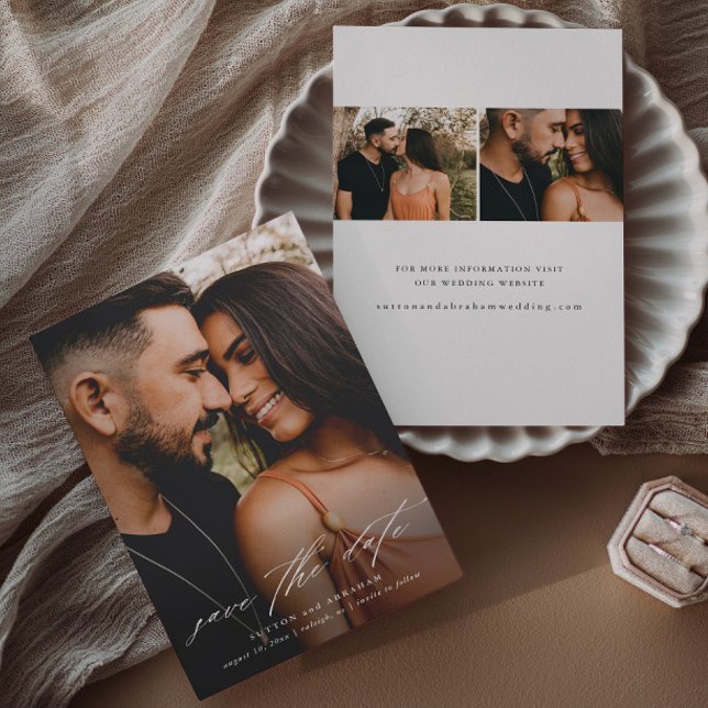 Prospectus 14 Cm X 21,6 Cm Budget Script Mariage Photo Enregistrer La Date (Elegant script simple 3 photo overlay wedding save the date announcement cards.)