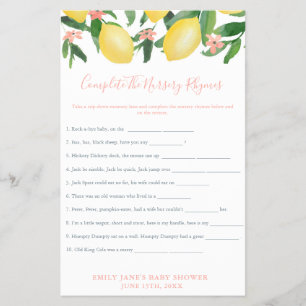 Prospectus 14 Cm X 21,6 Cm Carte de jeu pour Baby Shower Fille aux citrons su