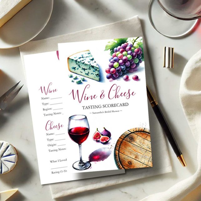 Prospectus 14 Cm X 21,6 Cm Carte d'évaluation de dégustation de vin (Wine tasting scorecard features cute watercolor charcuterie theme by Victoria Grigaliunas )