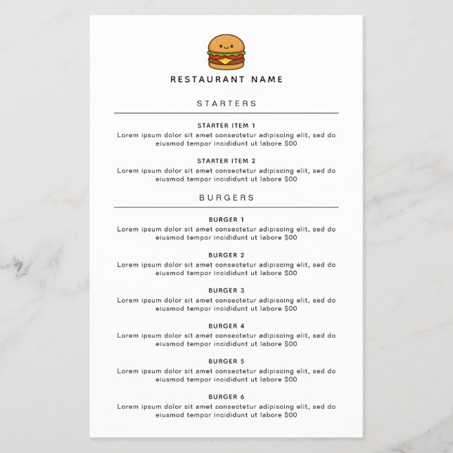 Prospectus 14 Cm X 21,6 Cm Cute Burger Restaurant Menu (Devant)