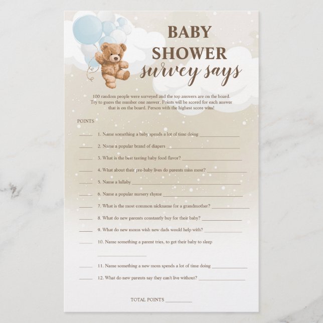 Prospectus 14 Cm X 21,6 Cm Dusty Blue Teddy Bear Survey dit Baby shower Game (Devant)