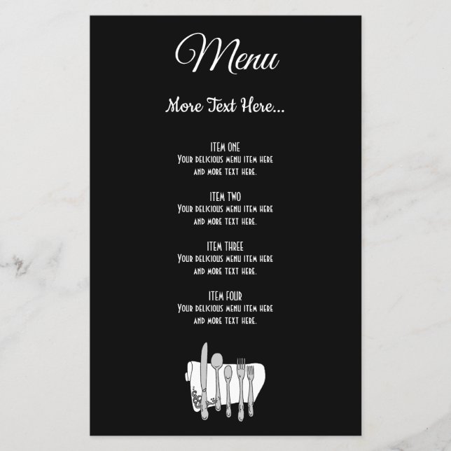 Prospectus 14 Cm X 21,6 Cm Elégant Black White Silverware Editable Menu Flyer (Devant)