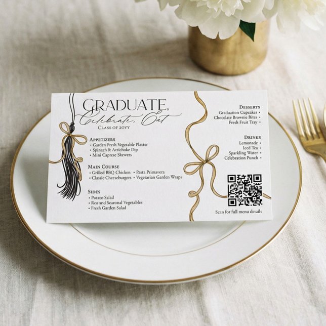 Prospectus 14 Cm X 21,6 Cm Elegant Gold Bow & Tassel Graduation Party Menu (Elegant Gold Bow Tassel Graduation Dinner Party Flyer)