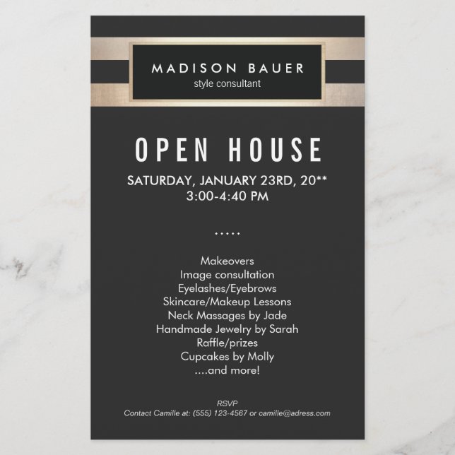 Prospectus 14 Cm X 21,6 Cm Élégantes rayures noires et dorées modernes (Devant)