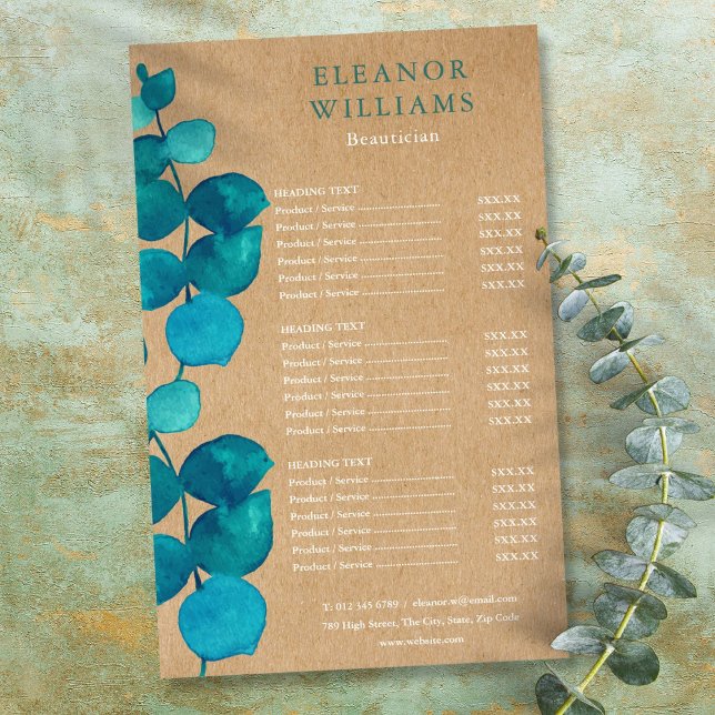 Prospectus 14 Cm X 21,6 Cm Eucalyptus Rustic Salon Menu Service (Eucalyptus Rustic Salon Service Menu Flyer)