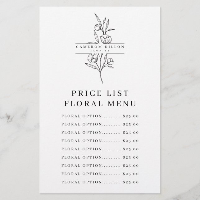 Prospectus 14 Cm X 21,6 Cm Feuille de liste des prix de la boutique de fleuri (Devant)