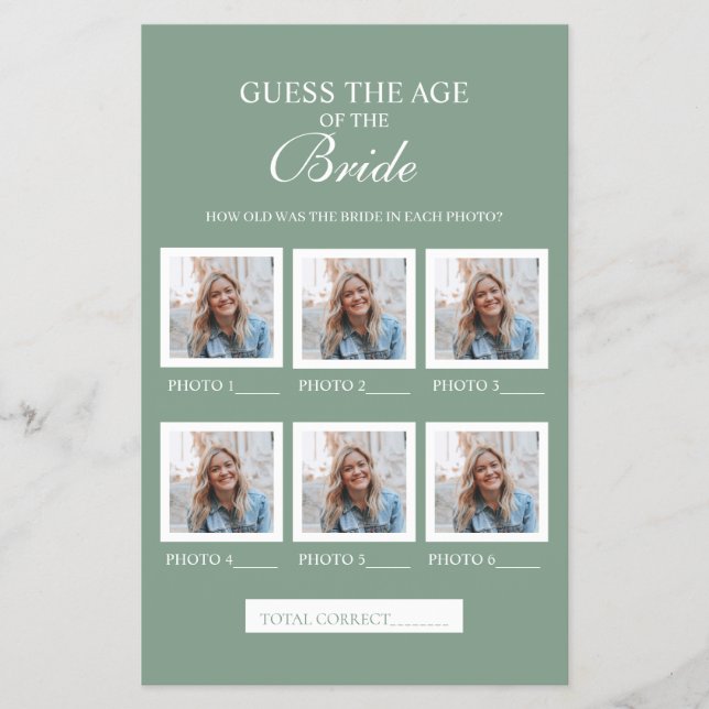 Prospectus 14 Cm X 21,6 Cm Feuille de papier vert sauge devinez l'âge de la m (Devant)