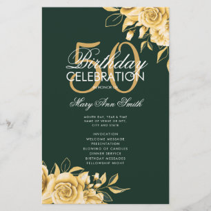 Prospectus 14 Cm X 21,6 Cm Floral 50th Birthday Program Gold & Emerald Menu