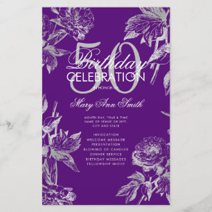 Prospectus 14 Cm X 21,6 Cm Floral 50th Birthday Program Silver Purple Menu