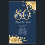 Prospectus 14 Cm X 21,6 Cm Floral 80th Birthday Program Gold & Navy avec menu<br><div class="desc">Design élégant "Programme de fête d'anniversaire" avec arrangement floral en or avec texte personnalisé.</div>