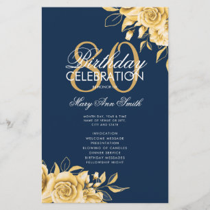 Prospectus 14 Cm X 21,6 Cm Floral 80th Birthday Program Gold & Navy avec menu