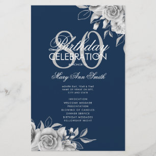 Prospectus 14 Cm X 21,6 Cm Floral 80th Birthday Programme Silver Navy avec me