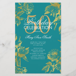Prospectus 14 Cm X 21,6 Cm Glam Floral 50th Birthday Program Gold Teal Menu