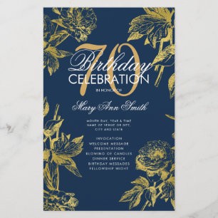 Prospectus 14 Cm X 21,6 Cm Glam Floral 70th Birthday Program Gold Navy Menu
