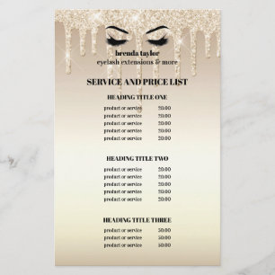 Prospectus 14 Cm X 21,6 Cm Gold Glitter Dripps LISTE DE SERVICES DU SALON DE