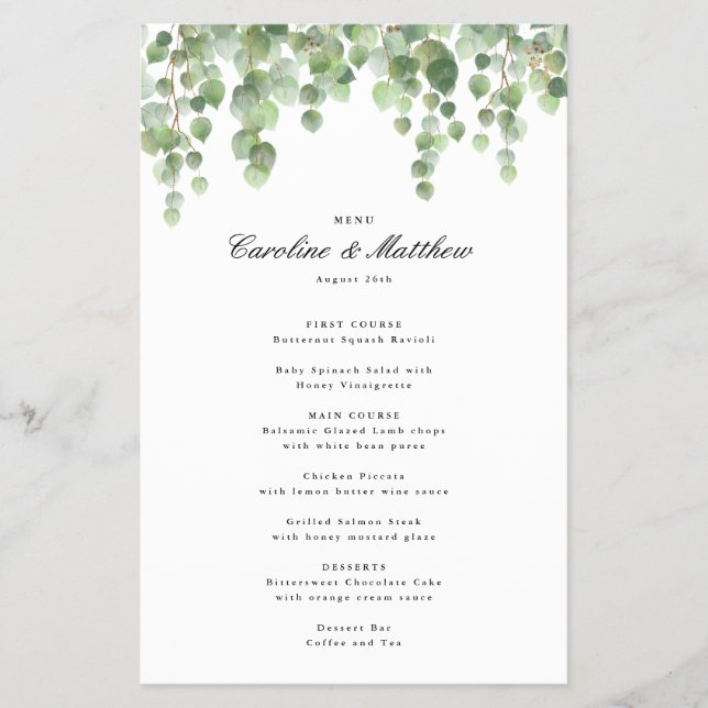 Prospectus 14 Cm X 21,6 Cm Green Eucalyptus Papier de Feuillage Menu Dîner (Devant)