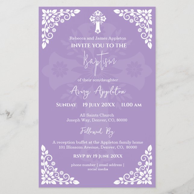 Prospectus 14 Cm X 21,6 Cm Invitation budgétaire Floral Cross Baptism Lilac (Devant)