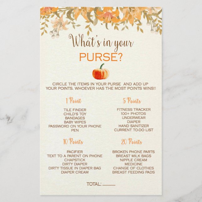 Prospectus 14 Cm X 21,6 Cm Jeu pour Baby Shower Pumpkin Fall Qu'est-ce qu'il  (Devant)