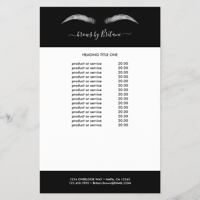 Prospectus 14 Cm X 21,6 Cm Lashes & Brows en noir et blanc Prix & Services (Devant)