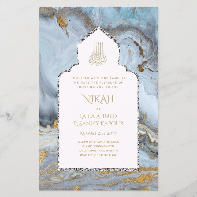 Prospectus 14 Cm X 21,6 Cm LeahG Blue Islam Mariage invite Nikah (Devant)