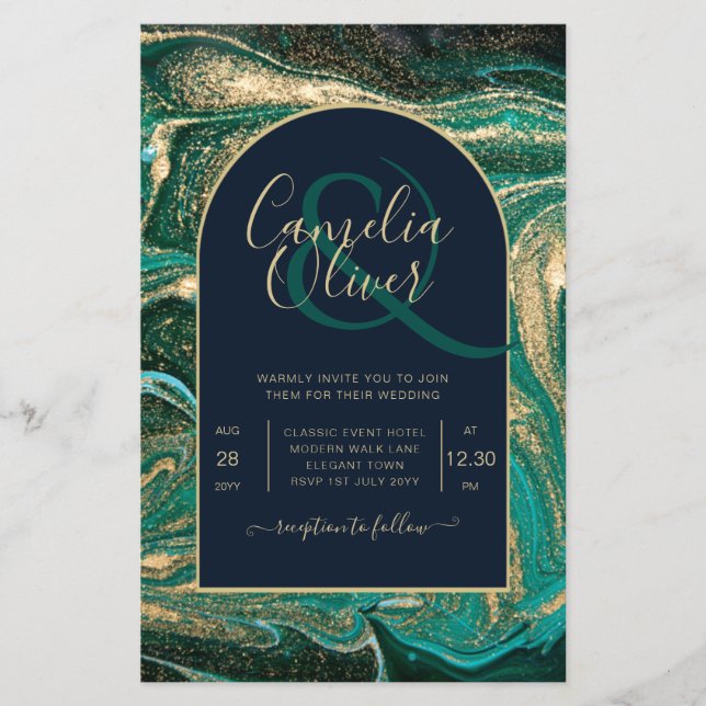 Prospectus 14 Cm X 21,6 Cm LeahG Emerald Green Gold Agate Mariage Invitation (Devant)